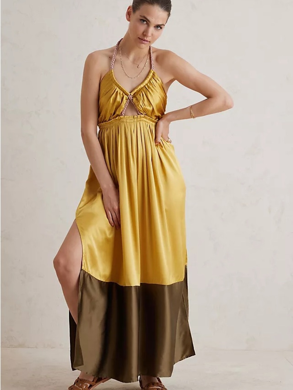 Anthropologie Silk Colorblocked Maxi Dress - Gold, Pink and Green Goddess Luxury - Picture 7 of 9
